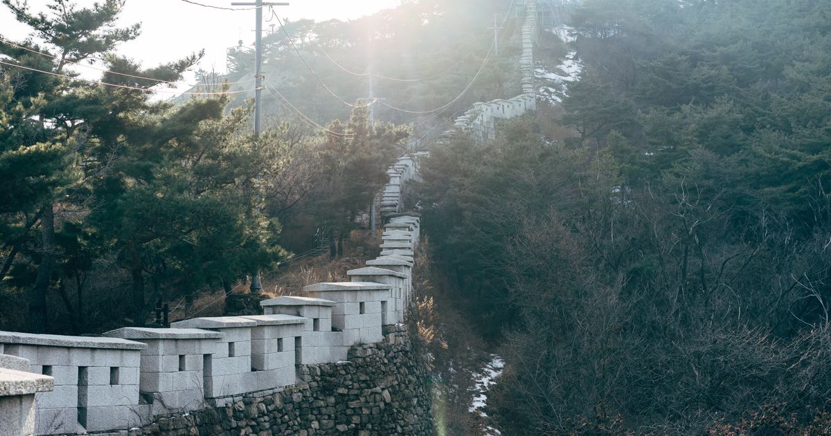햇살이 비치는 인왕산 소나무 숲을 따라 이어진 한양도성 성곽